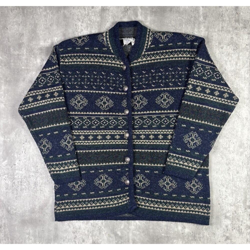 Vintage Ilanco Collection Cardigan Sweater Womens Medium Blue Floral Knit 90s